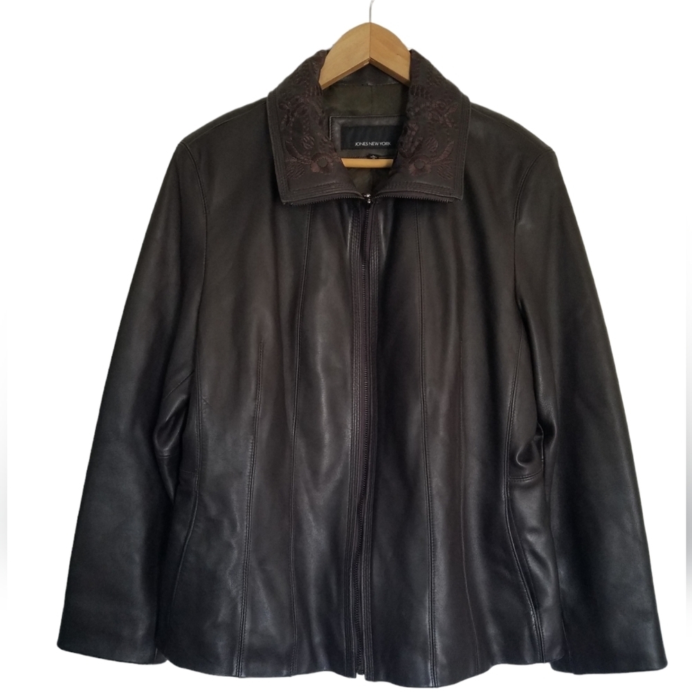 Jones New York Genuine Leather Jacket Embroidered Brown Size Large